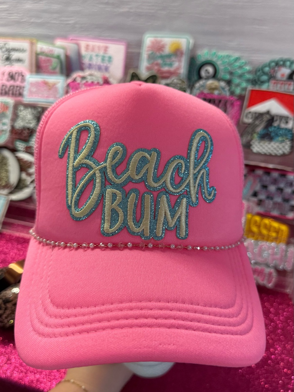 OTTO Pink "Beach Bum" Kids Trucker Hat with Blue Glitter Trim